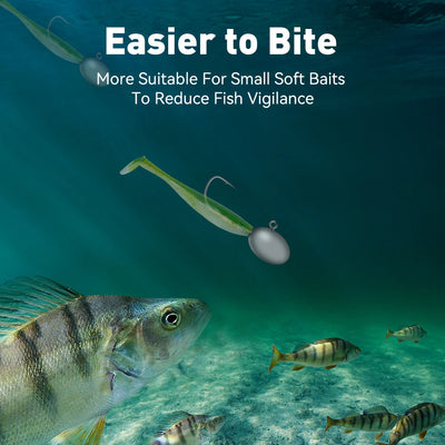 Lead head jig hook with gray weight and small soft bait lure attached