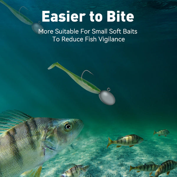 Lead head jig hook with gray weight and small soft bait lure attached