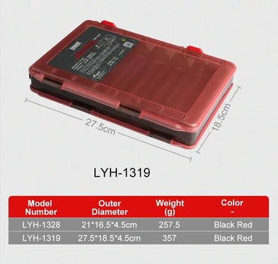 Red and dark plastic double-sided tackle box with 14-compartment layout and snap latches