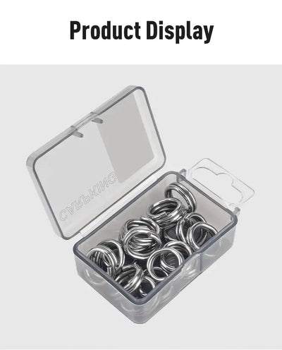 Stainless steel double split rings in clear storage box with lid
