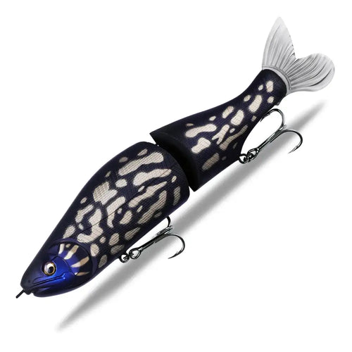 Jointed minnow fishing lure, dark blue with white spots, silver hooks and fins