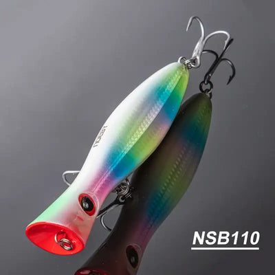 Hard fishing popper lure with red lip, holographic body, treble hooks (NSB110)