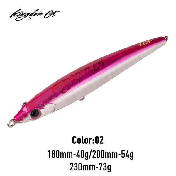 Floating pencil sea fishing lure, pink top and white belly with gold line eye