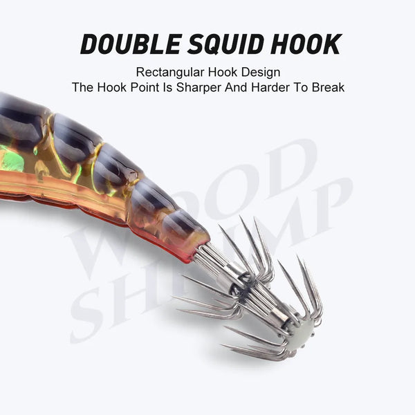 Double squid hook squid jig with metal hook cluster and red-and-brown body