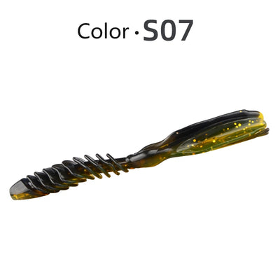 Silicone worm soft fishing lure, dark green/black with gold speckles and flared tail