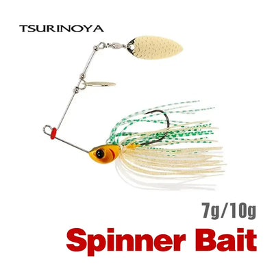 Spinner bait lure with gold blade and green-striped skirt over white fibers