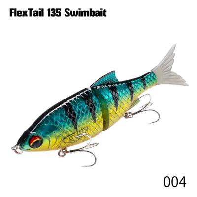 Jointed pencil swimbait with teal-green and yellow scales, silver tail, treble hooks