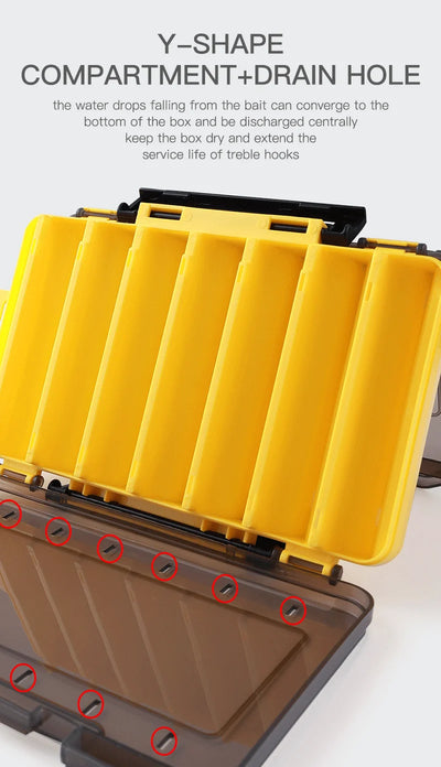 Yellow double-sided tackle box open view with divided inner compartments