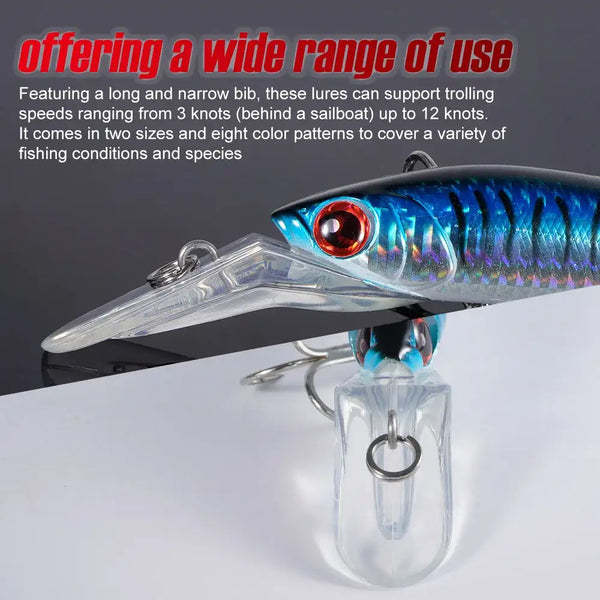 Trolling minnow fishing lure with blue striped body, red eye, clear lip, and hooks