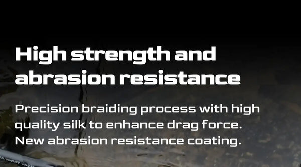 Braided fishing line promotional graphic highlighting high strength and abrasion resistance