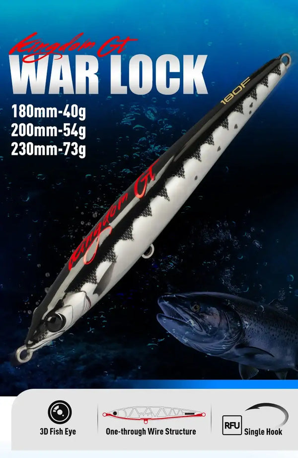 White and black floating pencil lure with red markings, angled view and hook
