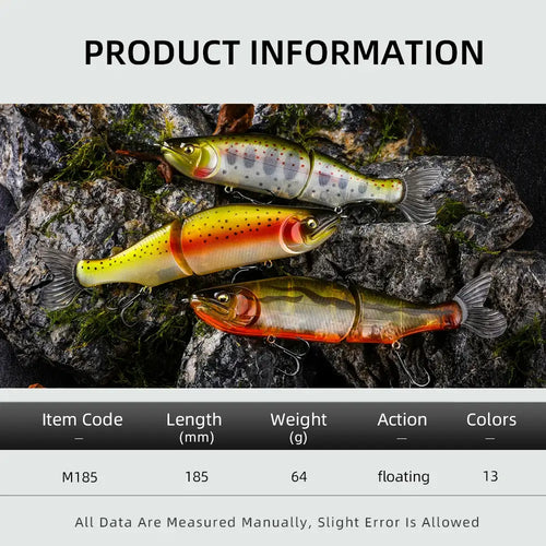 Floating jointed minnow fishing lure with yellow back, red head, and speckled body