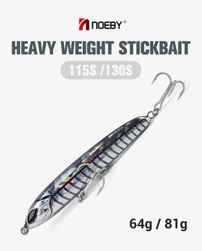 NOEBY heavy weight stickbait lure, 115S/130S model with treble hooks, blue pattern