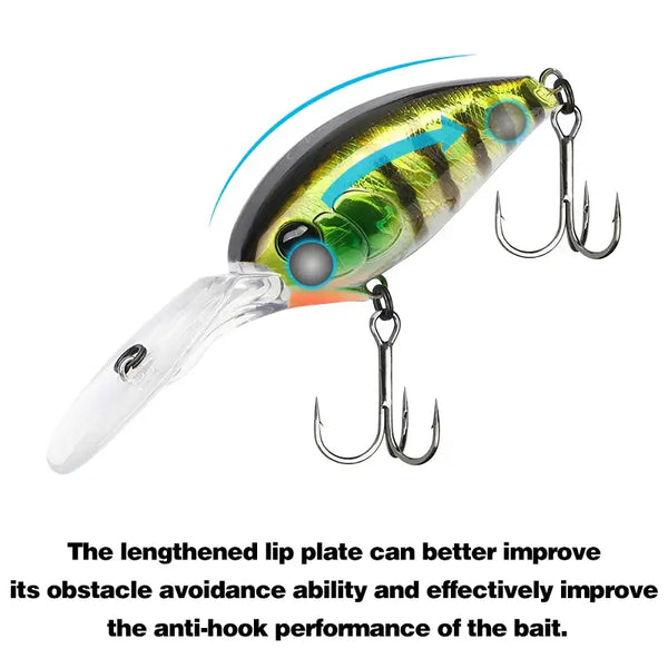 Floating crankbait lure, lime-green and black stripe body with 3 treble hooks.