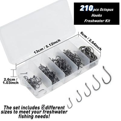 210-piece octopus hook set with clear storage box and loose metal circle hooks