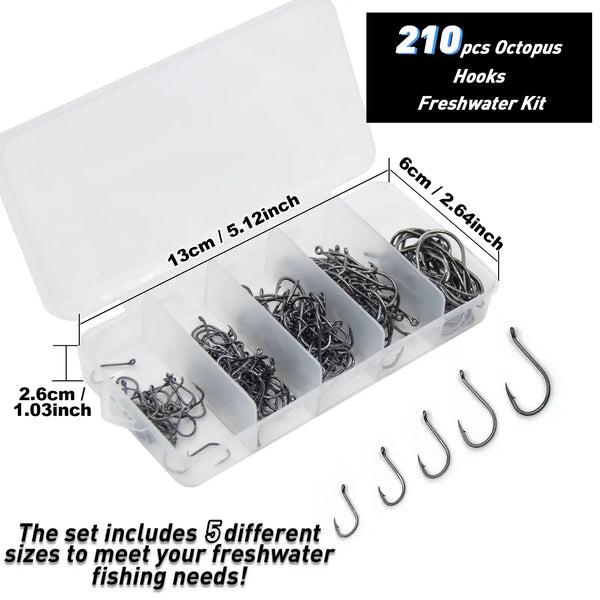 210-piece octopus hook set with clear storage box and loose metal circle hooks