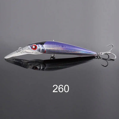 Trolling minnow fishing lure, metallic blue-purple, red eye, clear lip, 2 treble hooks