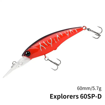 Suspending minnow lure, red and silver finish with black eye and lip, 60mm treble hooks.