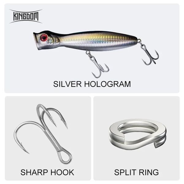 Silver hologram floating popper fishing lure with sharp treble hook and split ring