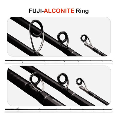 Fuji-Alconite ring guides on a black fishing rod section