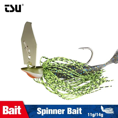 Bladed jig with gold blade, orange nose, and neon green silicone skirt strands