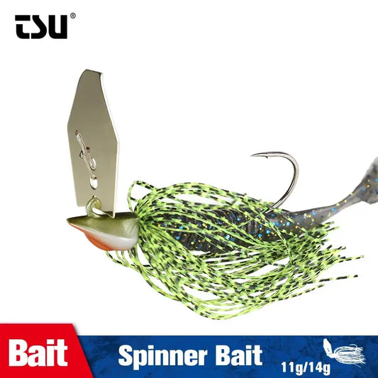 Bladed jig with gold blade, orange nose, and neon green silicone skirt strands