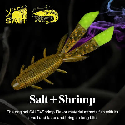 Green Nebula shrimp soft lure pair with translucent body, speckled spots, and curled tails.
