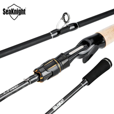 High-carbon fishing rod with black blank, cork handle, and spinning reel seat