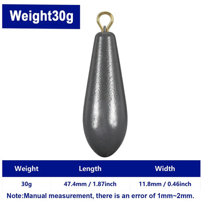 Willow leaf lead sinker 30g, gray teardrop weight with gold eyelet