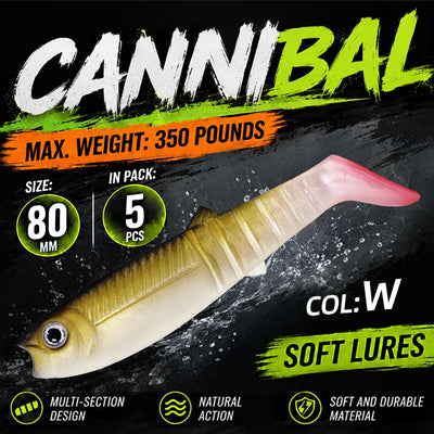 Paddle tail swimbait 5-pack in gold-cream, speckled, pink tail, paddle fin