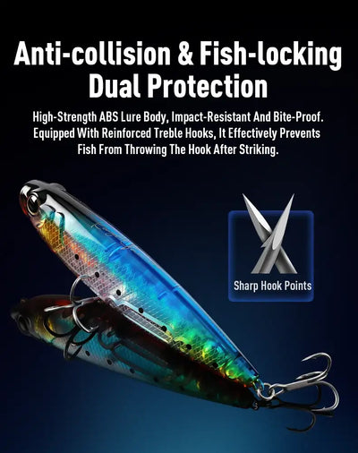 Topwater walking dog lure, blue and gold body with black speckles and sharp-point treble hooks