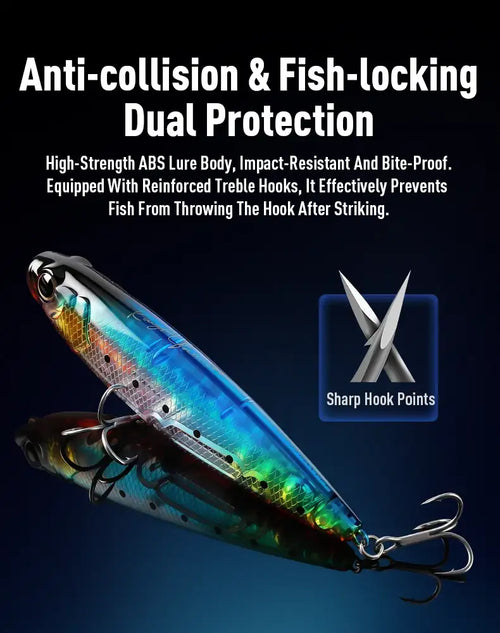 Topwater walking dog lure, blue and gold body with black speckles and sharp-point treble hooks