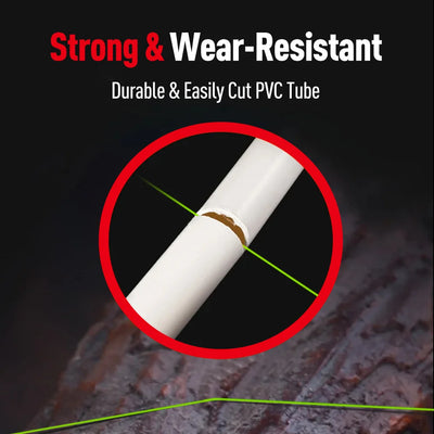 White PVC tube with green braided fishing line strand, showing abrasion point
