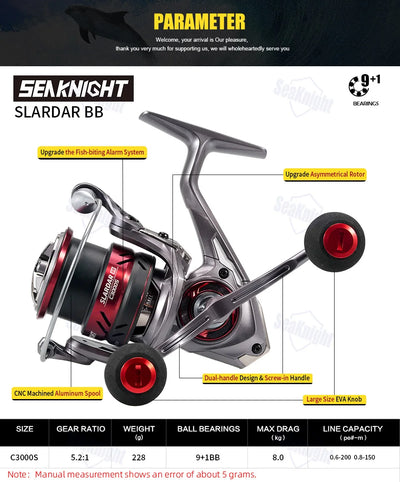 SeaKnight SLARDAR BB Spinning Reel – Dual Handle | 9+1BB | 8kg Drag | 3000 | Squid & Saltwater