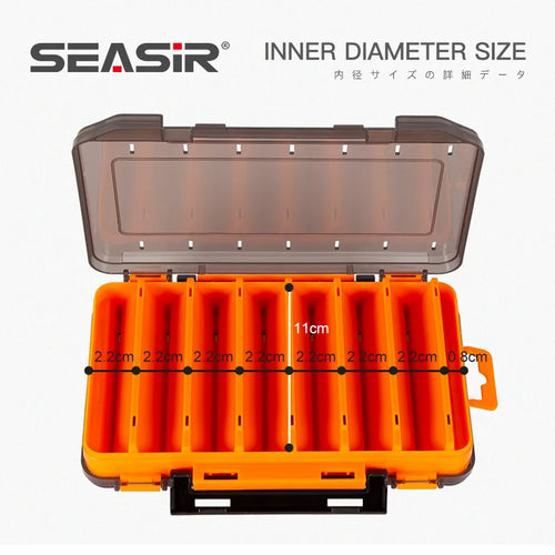 Orange double-sided tackle box with clear lid and multiple compartment dividers