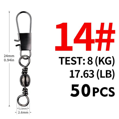 Fishing snap swivel with spring and two rings, Size 14, 17.63 lb test