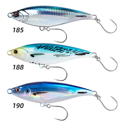 Three stickbait lures: blue-silver, light green tiger, and blue-purple with treble hooks
