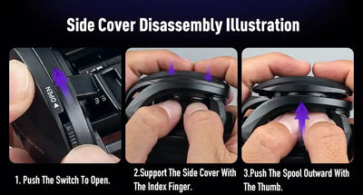 Baitcasting reel side cover disassembly steps showing switch opening and spool removal.