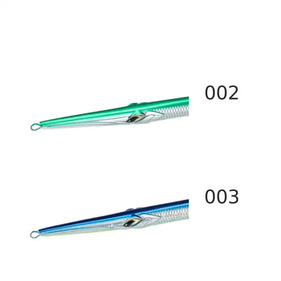 Sinking pencil lure set: green/silver (002) and blue/silver (003), treble hooks