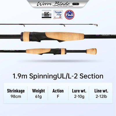 Ultralight spinning fishing rod, 1.9m, 2-section, cork grips and black reel seat
