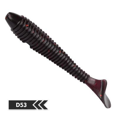 Black silicone paddle tail fishing lure with subtle red speckle accents