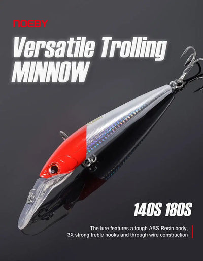 Trolling minnow fishing lure with red head, silver-blue back, clear lip, and hooks