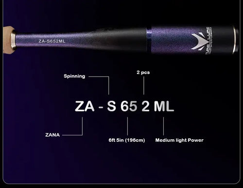 Fishing rod blank with ZANA branding, dark finish, and medium-light power label