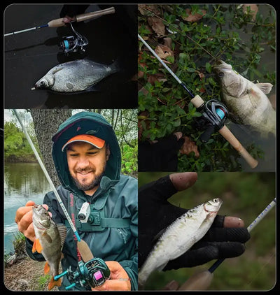 Fishing rod with several caught fish, shown in a multi-scene layout