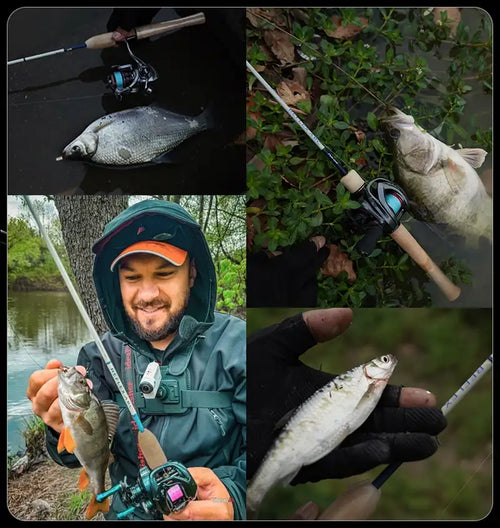 Fishing rod with several caught fish, shown in a multi-scene layout