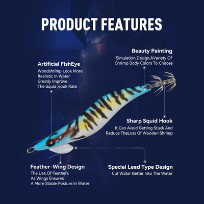 Zebra-pattern squid jig lure with feather-wing fins and sharp squid hook, clear tentacles