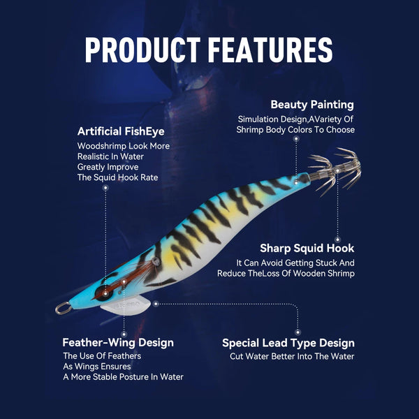 Zebra-pattern squid jig lure with feather-wing fins and sharp squid hook, clear tentacles