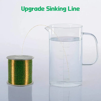 Green speckled sinking fishing line spool with line dipping into water cup
