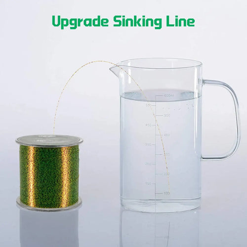 Green speckled sinking fishing line spool with line dipping into water cup