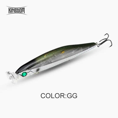 Floating pencil popper lure, dark green-gray finish with treble hook, single view